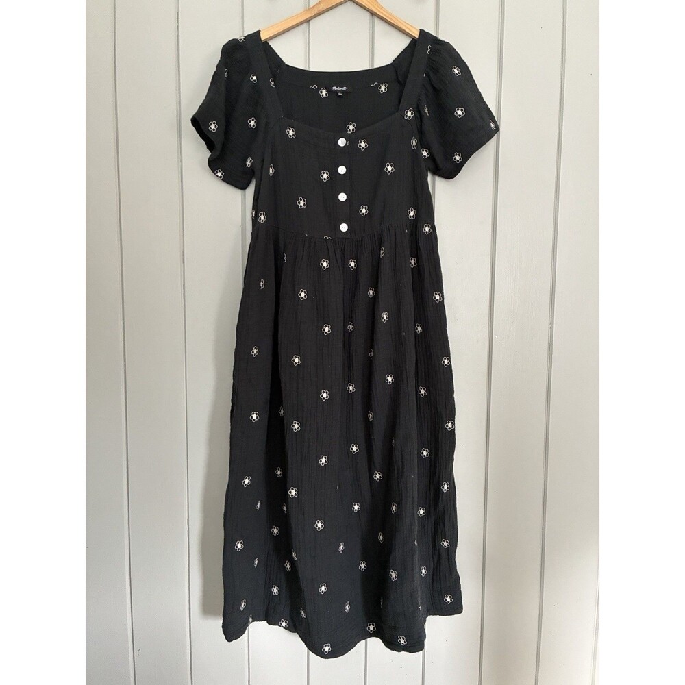 Madewell Daisy Embroidered Lightspun Square-Neck Midi Dress S Small NI638 Black